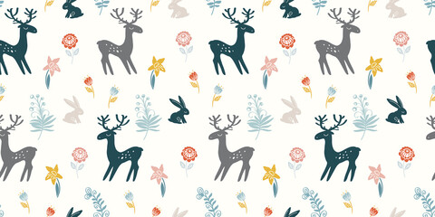 Pattern with cute deer and rabbits on a flower meadow. Seamless pattern for textiles, typography, for different types of printing.
