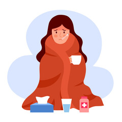 Sick woman suffering from flu with blanket. Female has fever and take thermometer in mouth. Cold or influenza disease concept. Season allergy. - obrazy, fototapety, plakaty