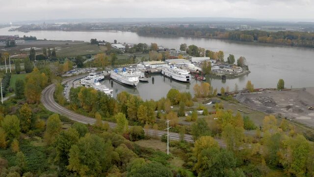 BC Ferries Parked in Repair Dock In Canada - aerial shot