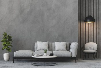 interior living room wall concrete with sofa, plant, lamp, decoration, 3D render