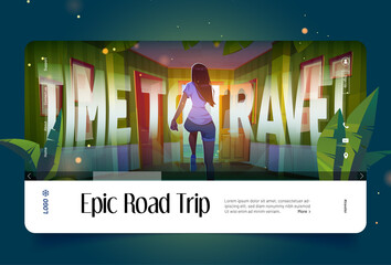 Epic road trip cartoon landing page. Woman escape home into open door with ocean view outside. Time to travel, freedom, adventure, journey concept with running girl rear view, Vector web banner