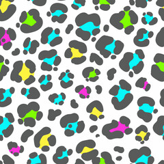 Naklejka na ściany i meble Neon leopard seamless pattern. Bright colored spotted background. Vector rainbow animal print.