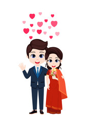 Happy cute boy and girl character standing together and holding flowers with hart shape symbols