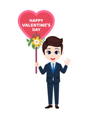 Happy cute boy character standing and holding valentine hart shape placard board with flowers