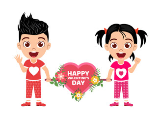 Happy cute beautiful kid boy and girl character wearing t-shirt standing and holding hart shape placard board with valentine text with flowers