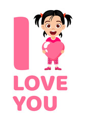 Happy cute beautiful kid girl character wearing t-shirt and holding hart shape love placard with I love you text