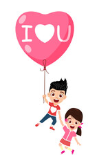 Happy cute kid boy and girl character holding handing hands together and holding hart shape love balloon ang flying