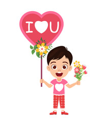 Happy cute beautiful kid boy character wearing t-shirt with hart shape symbol holding hart shape placard with flowers