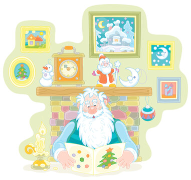 Santa Claus sitting by his fireplace and reading an illustrated letter with a list of holiday gifts from a child on a winter evening, vector cartoon illustration isolated on a white background