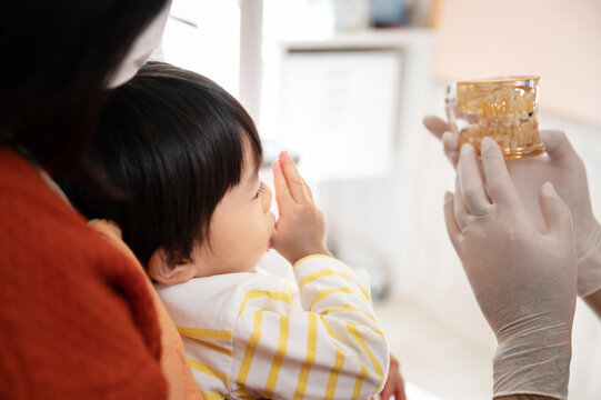  模型を使って子供の患者の指しゃぶりの説明する小児歯科医