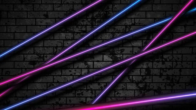 Blue purple neon lines on grunge brick wall background. Concept futuristic tech motion design. Seamless looping. Video animation Ultra HD 4K 3840x2160