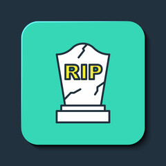 Filled outline Tombstone with RIP written on it icon isolated on blue background. Grave icon. Happy Halloween party. Turquoise square button. Vector