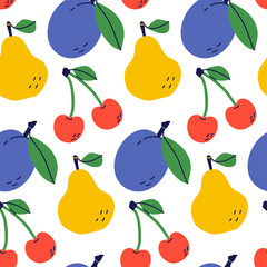 Pear, cherry and plum. Fruit seamless pattern. Color illustration in hand-drawn style. Vector repeat background