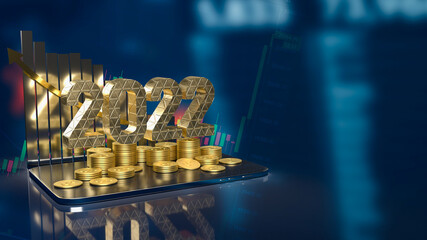 The 2022 gold text business chart and gold coins on tablet 3d rendering