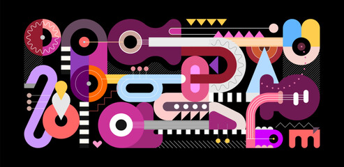 Illustration vectorielle de style géométrique, design plat coloré de différents instruments de musique isolés sur fond noir. Composition d& 39 art abstrait de guitare électrique, guitares acoustiques, trompette et sax