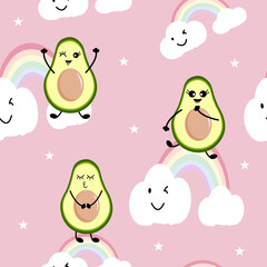 Avocado seamless vector pattern background for wallpaper, wrapping, packing, texture and backdrop. Cute fruit character, Seamless Kawaii Avocados Pattern.