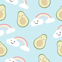 Fototapeta premium Avocado seamless vector pattern background for wallpaper, wrapping, packing, texture and backdrop. Cute fruit character, Seamless Kawaii Avocados Pattern.