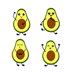 Set of Cute avocado cartoon, Fresh whole, half and sliced avocado isolated on white background Vector illustration.