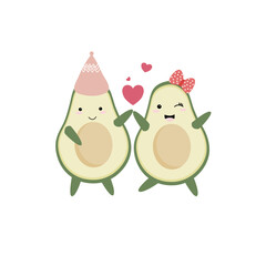 Set of Cute avocado cartoon, Fresh whole, half and sliced avocado isolated on white background Vector illustration.