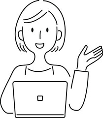 手描き風・パソコンを前に説明する女性のベクターイラスト