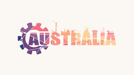 Gear with energy and power industrial icons and Australia country name.