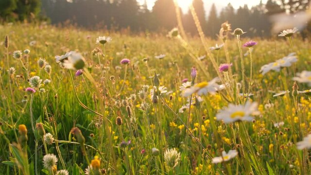 Camera slowly moving through the field of meadow flowers at sunset.
