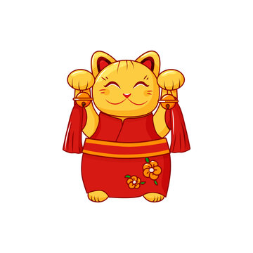 Golden Maneki Neko Japanese good luck cat on a white isolated background. Statuette in a red kimono. Symbol wealth. Vector cartoon illustration