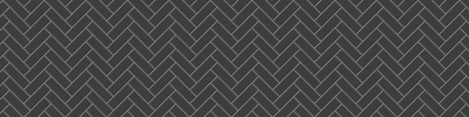 Black herringbone metro tile seamless pattern. Subway stone or ceramic brick wall background. Kitchen backsplash or bathroom floor texture. Vector flat illustration.