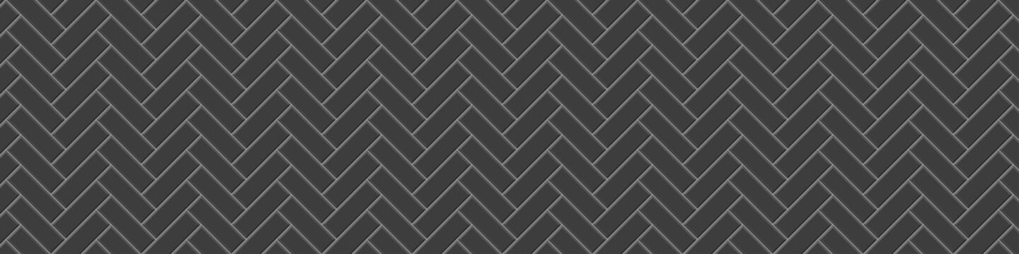 Black Herringbone Metro Tile Seamless Pattern. Subway Stone Or Ceramic Brick Wall Background. Kitchen Backsplash Or Bathroom Floor Texture. Vector Flat Illustration.