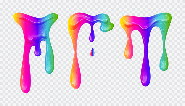 Rainbow slime dripping set on a transparent background. Colorful vector illustration Child toy. Vector illustration mucus, paint, slime, snivels, chewing gum, liquid.