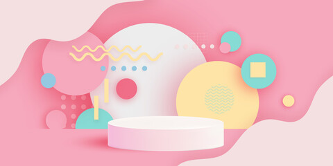 3D Podium scene or pedestal on pastel background with minimal geometric shapes paper cut craft studio for display product mockup design. Circles.