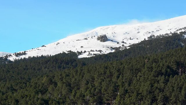 Powdered snow moved by the strong wind on the top of the high mountain. Guadarrama Madrid.