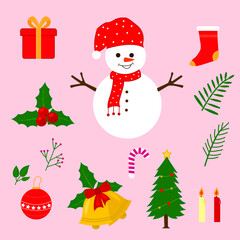 set of Christmas elements and snowman in white