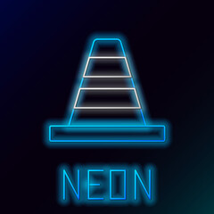 Glowing neon line Traffic cone icon isolated on black background. Colorful outline concept. Vector