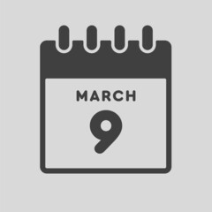 Icon day date 9 March, template calendar page