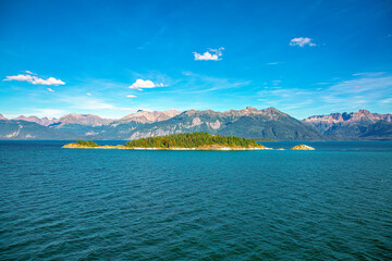 View with sea and snowy mountains