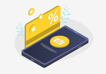 Cashback and money refund icon concept. Yellow bank credit card with online payment reward points. Loyalty program and retail customer money refund service. Illustration isolated on white background