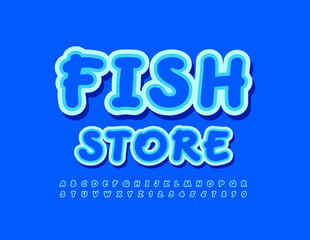 Vector blue logo Fish Store with Handwritten style Font. Sticker Alphabet Letters and Numbers set