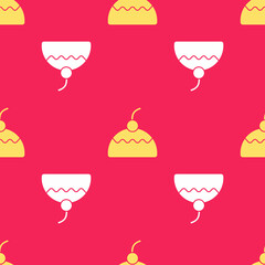 Yellow Cake icon isolated seamless pattern on red background. Happy Birthday. Vector