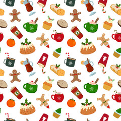 Hot sweet winter holiday drinks and festive food: coffee with cream, cocoa with marshmallow, mulled wine, cupcakes, cakes, cranberry bread. Vector seamless pattern. Isolated on white background.