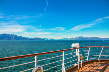View with sea and snowy mountains