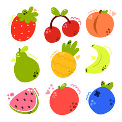 Set of modern hand drawn fruits, strawberry, cherry, peach, pear, pineapple, banana, watermelon slice, apple and blueberry.