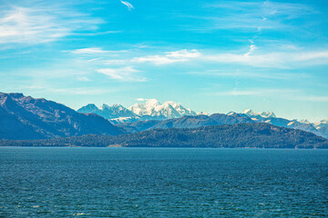 View with sea and snowy mountains