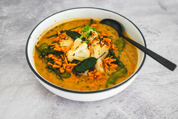 vegan yellow cauliflower curry with carrots celeri and parsley, healthy plant-based food