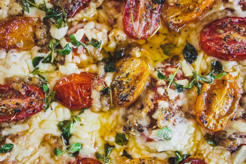 vegan margerita pizza with roasted cherry toatoes and dairy-free cheese, healthy plant-based food