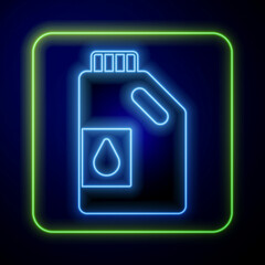 Glowing neon Canister for motor machine oil icon isolated on blue background. Oil gallon. Oil change service and repair. Engine oil sign. Vector