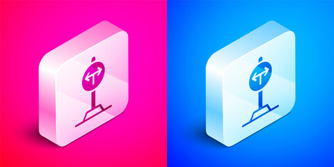 Isometric Fork in the road icon isolated on pink and blue background. Silver square button. Vector