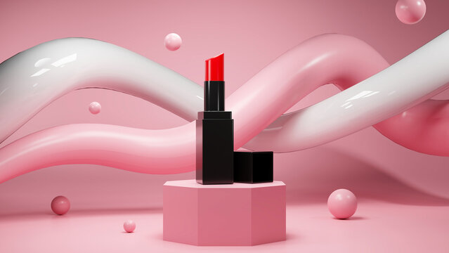 Red lipstick mockup on pink pedestal over abstract geometric pastel pink background.