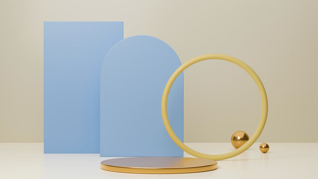 Bblue pedestal for product presentation with blue geometric shapes in the background.