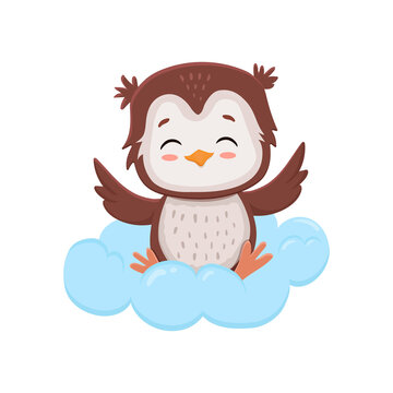 Cute cartoon owl on cloud isolated on white background.